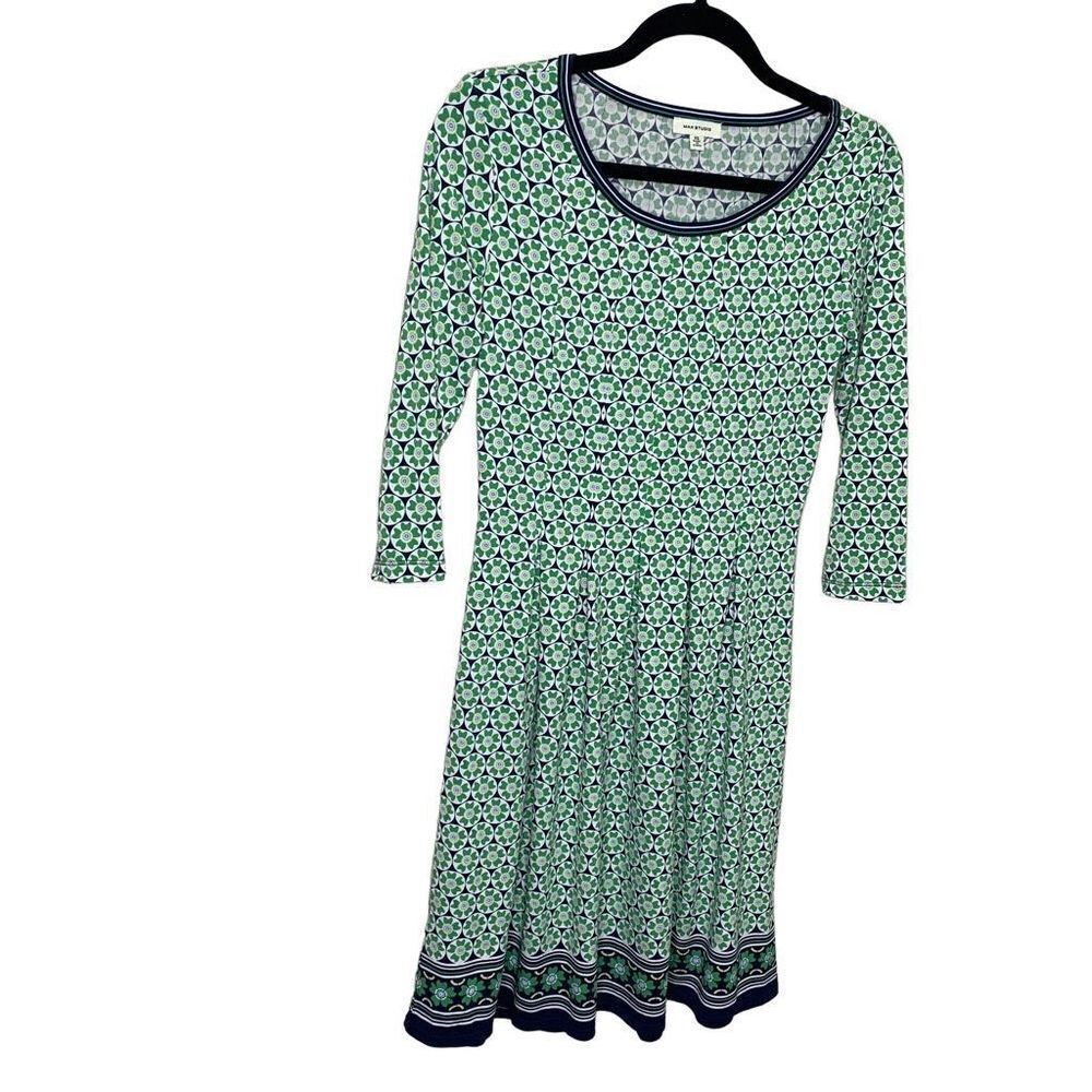 Max Studio Green Navy Fit and Flare Dress with Stretch Size XS (p1)